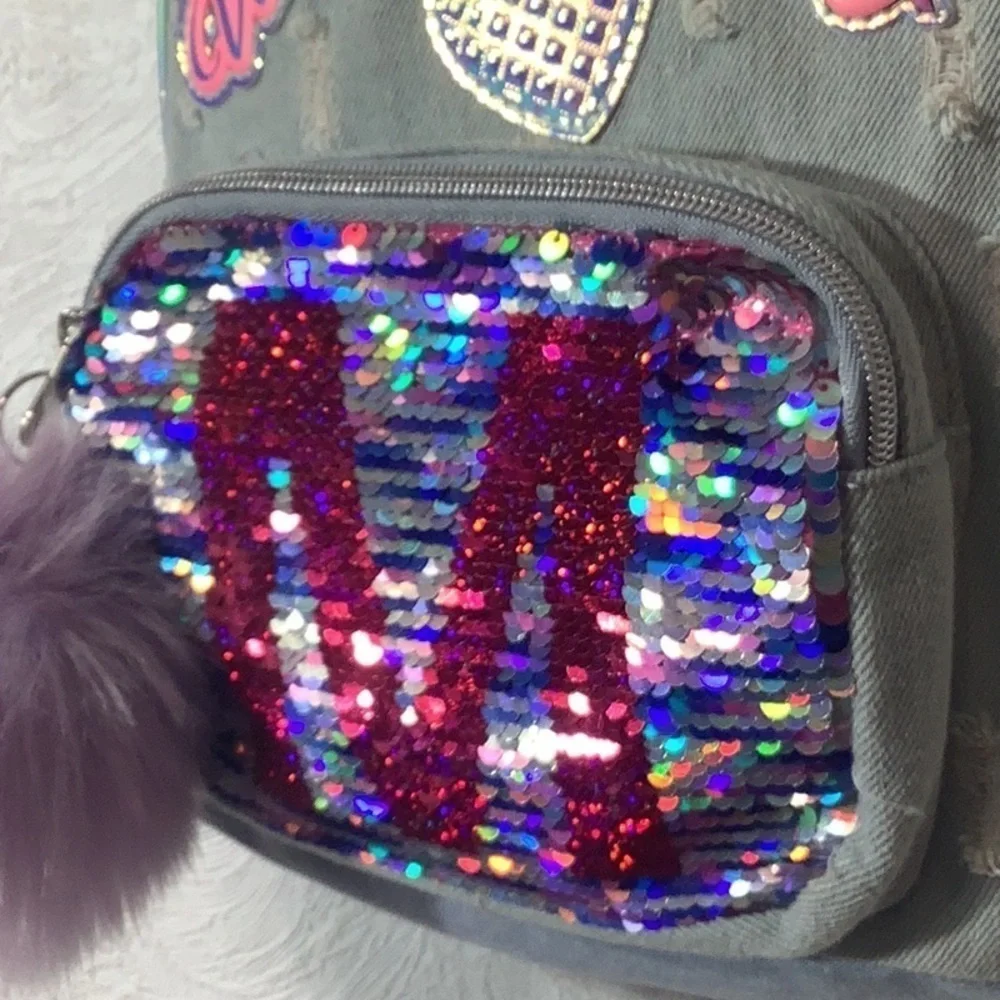 Justice - distressed denim mini bagpack - reverse sequins - letter M and more